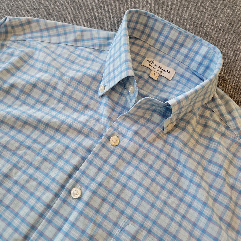 Peter Millar Shirt Men's Small Summer Comfort Blue Plaid Button Down Stretch